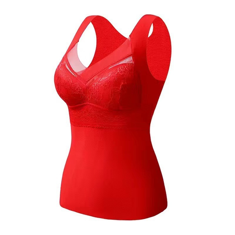 Autumn and Winter Lace Mesh Velvet Warm Vest One-piece Wear-free Bra Slim-fit Chest-support Sexy Heating Warm Clothes