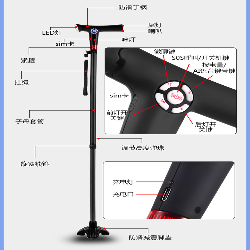 Smart Phone Cane Gps Beidou Positioning Sos Emergency Call Elderly Walking Stick Outdoor Anti-Slip Community Elderly Care Portable