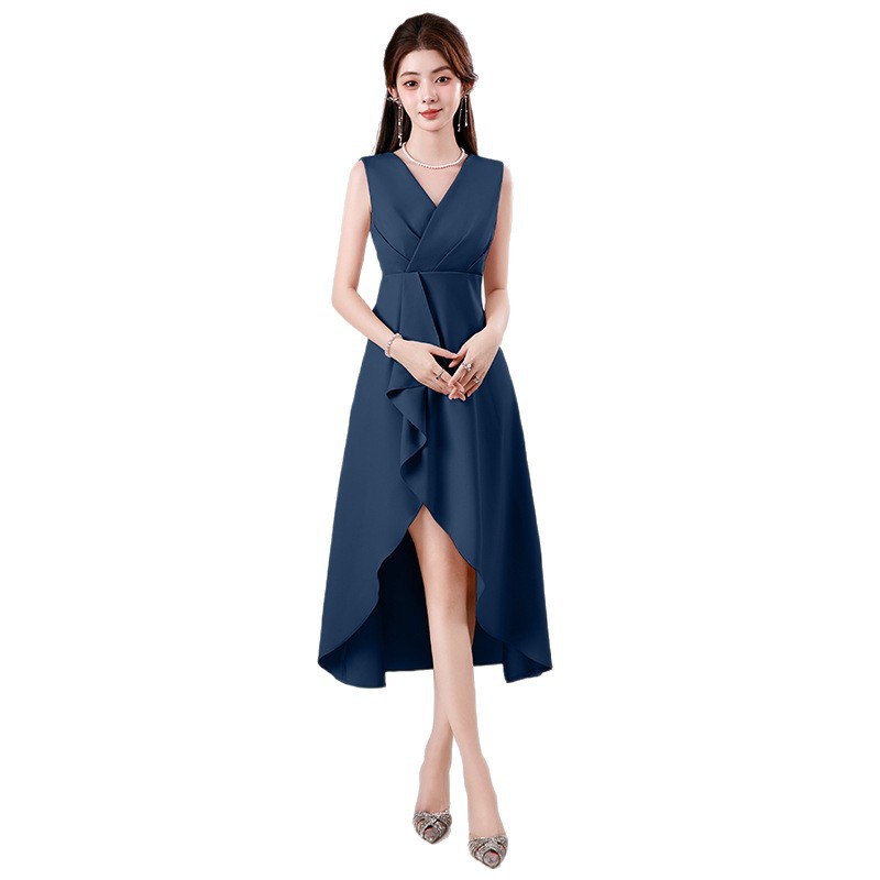 2025 New Solid Color V Neck Sleeveless Banquet Dress European and American Slim Lotus Leaf Irregular Skirt Evening Dress
