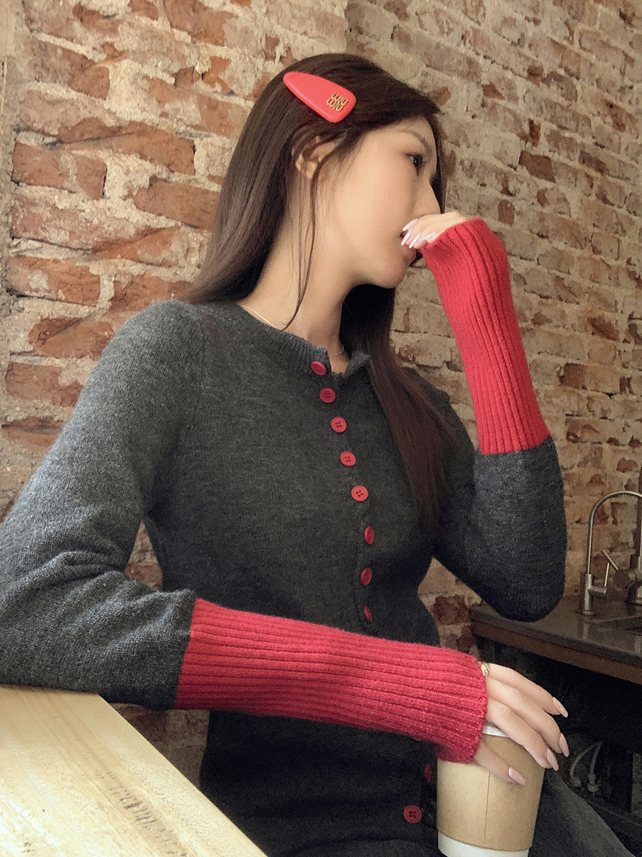 Goose Yellow Chic Stitching Knitted Cardigan Women's Autumn and Winter New Slim-fit Slimming Sweet and Spicy Beautiful Long-sleeved Coat Top