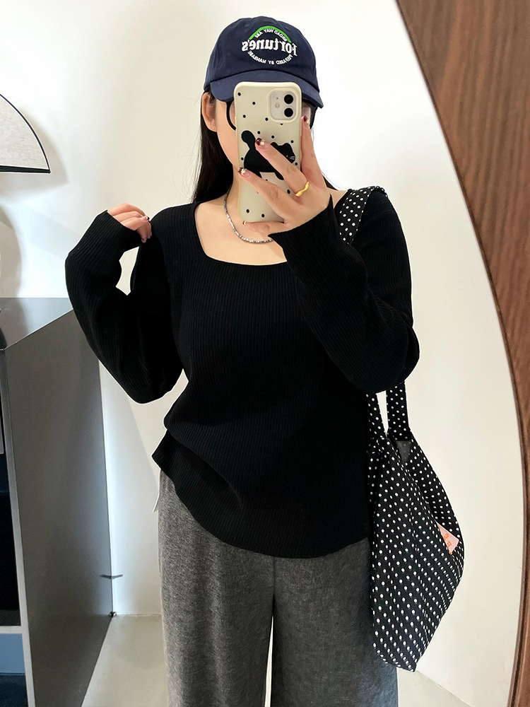 Plus Size Women's Square Collar Top Women's Slim Stripesd Shirt 2025 Autumn Fat mm Bottoming Loose Knitwear 2289