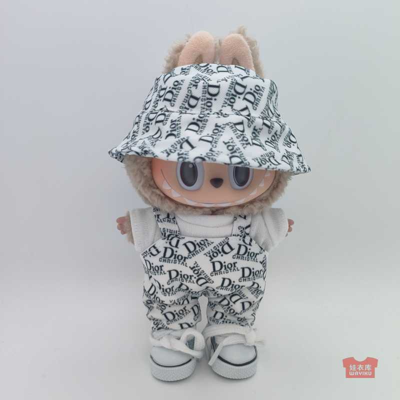 Labubu Doll Clothes, Fisherman Hat, Overalls, 17cm Macaron Sitting Pendant, First and Second Generation
