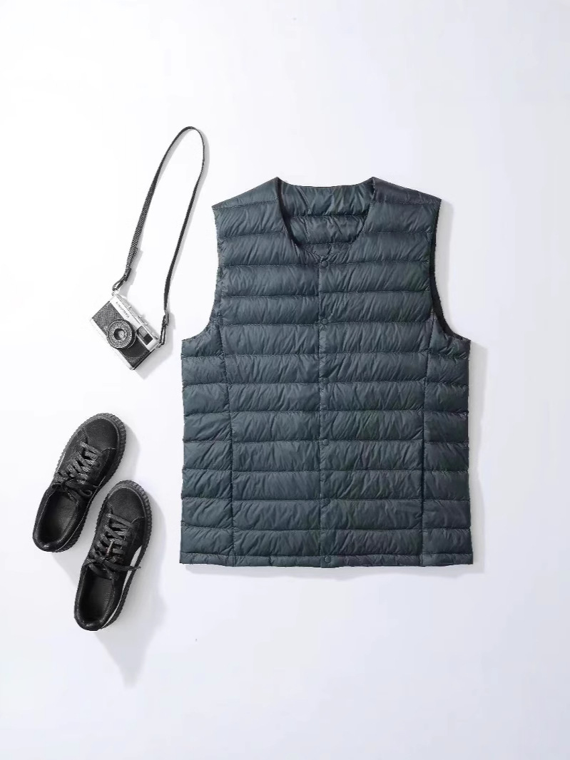 Down waistcoat men's collarless liner wear autumn and winter light down jacket vest youth plus size waistcoat crew neck V-neck