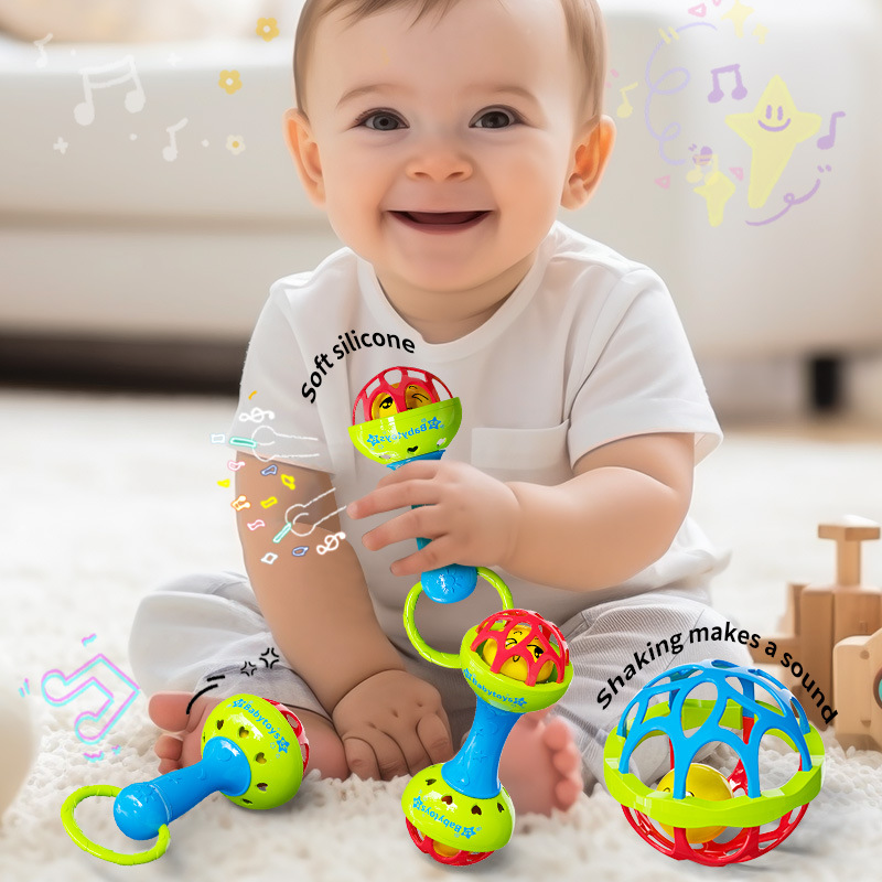 Cross-border hot-selling puzzle soft rubber hand ball baby toy double-headed rattle baby 0-12 months fitness ball gum