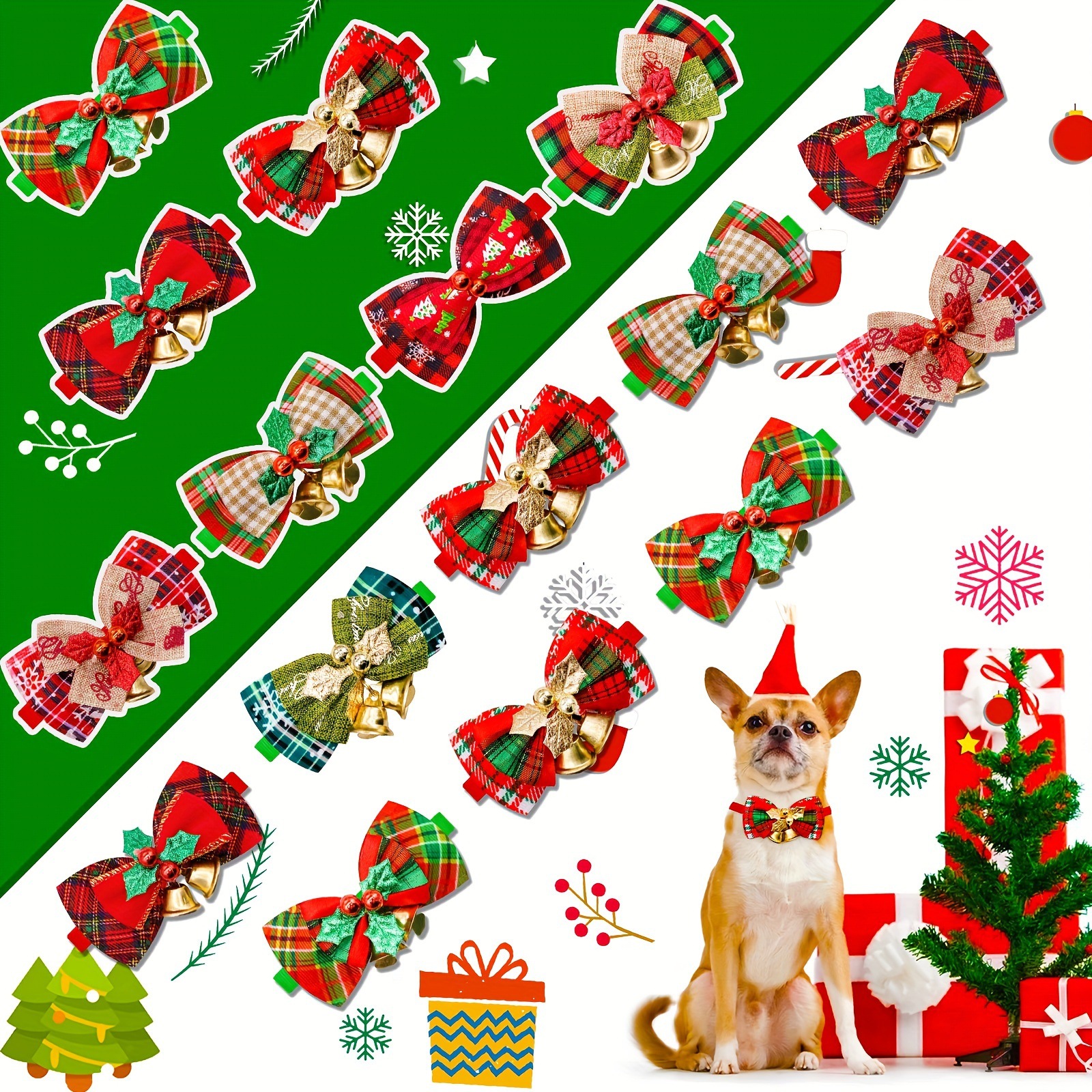 2025 New Cross-Border Dropshipping 8-Piece Pet Christmas Bow Tie with Bell, Christmas Plaid Pet