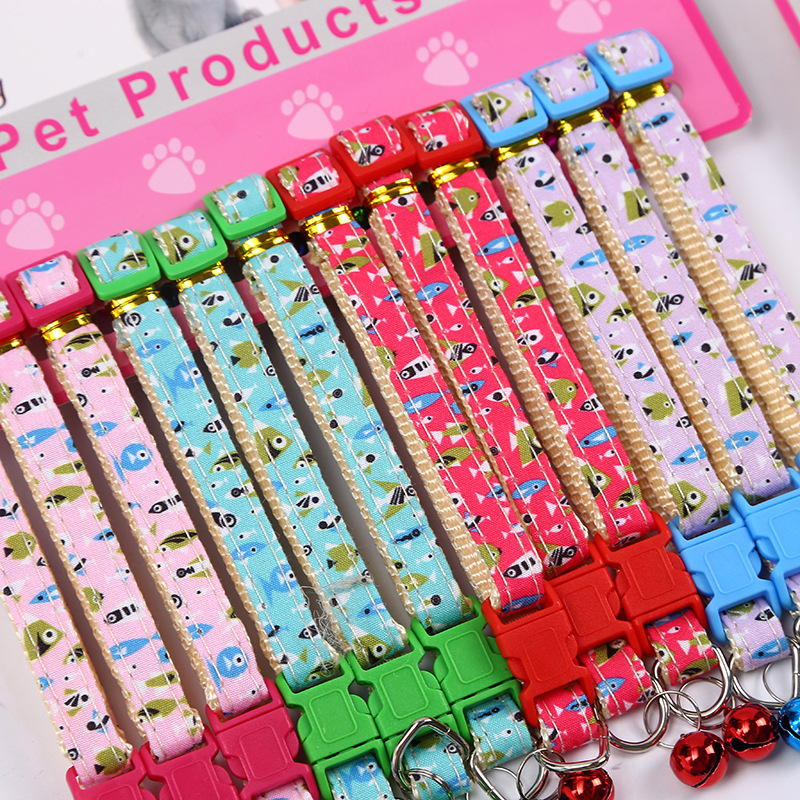 Cross-border 1.0 pet bell collar cat and dog cartoon printed patch traction collar lace color buckle accessories wholesale