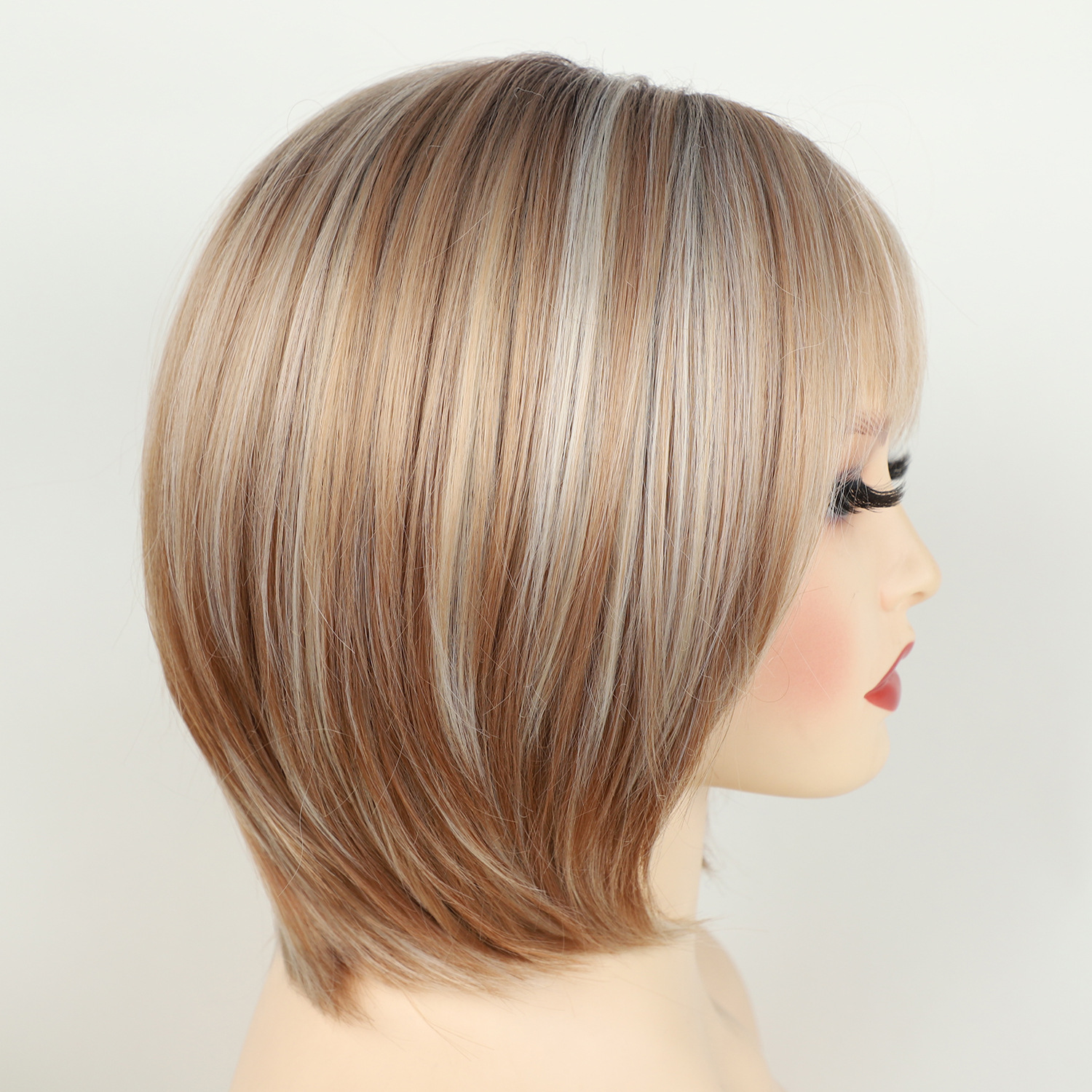 Wig with a New European and American Style, Gradient Brown with Golden Highlights, Layered Bob Short Straight Synthetic Hair Wig