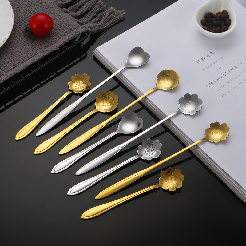 Bird's Nest Spoon Dessert Spoon Takeaway Stainless Steel Creative Cherry Blossom Spoon Golden Long Handle Mixing Spoon Cake Spoon Disposable