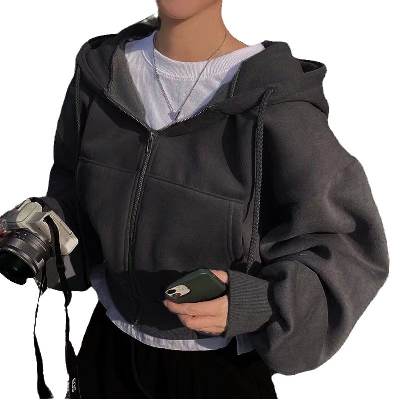 Autumn/Winter 2023 New Ins fleece-lined All-match Fashion Short Slim-fit Zipper Warm Solid Color Hooded Sweat for Women