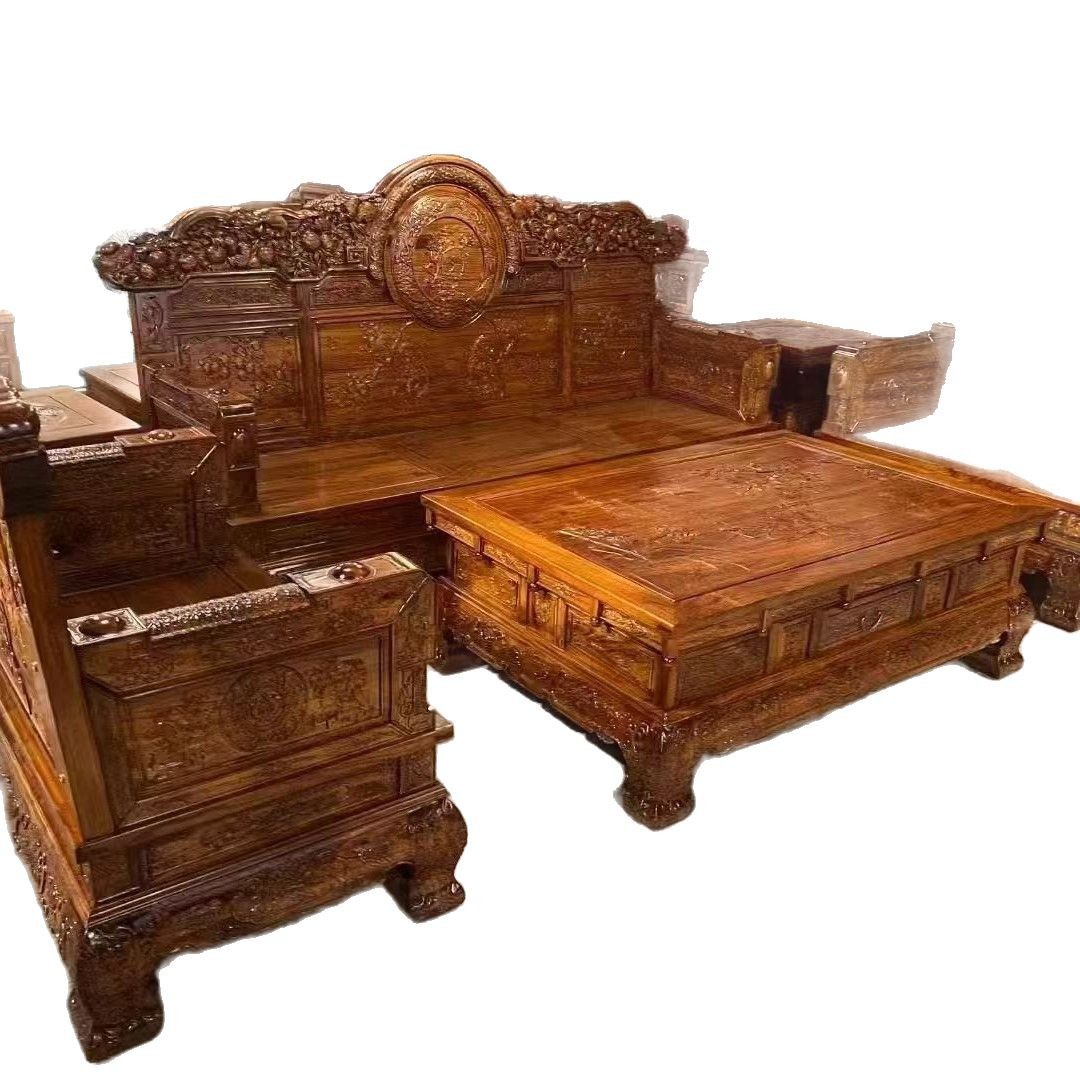 New Chinese Style Old Elm Sofa Hotel Lobby Combination Hospitality Sofa Furniture Antique Solid Wood Carved Living Room Furniture