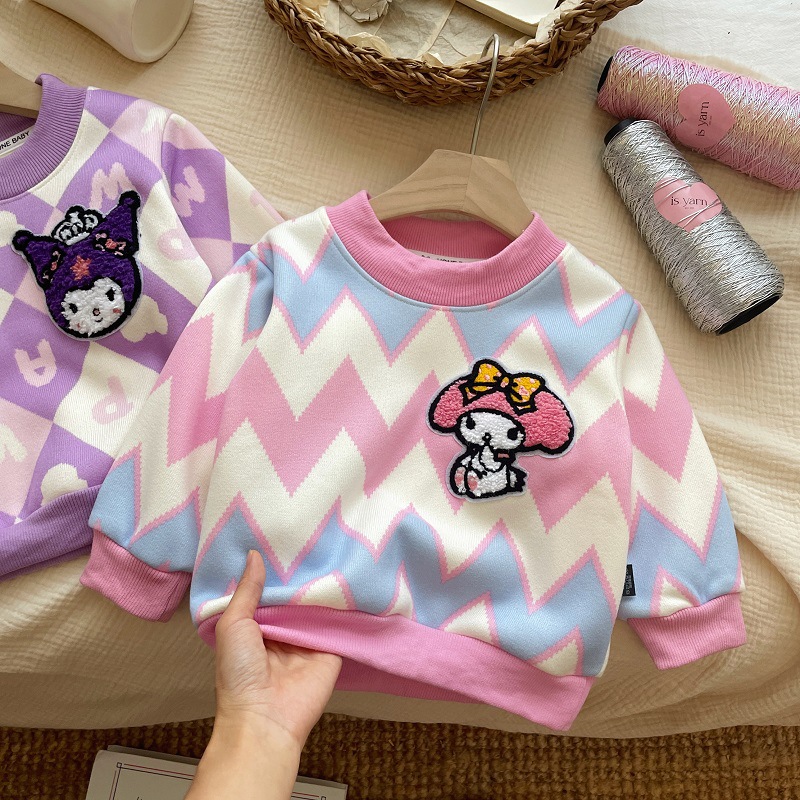 New Girls Milk Silk Sweatshirt Autumn and Winter Long-Sleeved Plus Fleece Sweater Baby Girl Cartoon Kuromi Warm Bottoming Shirt