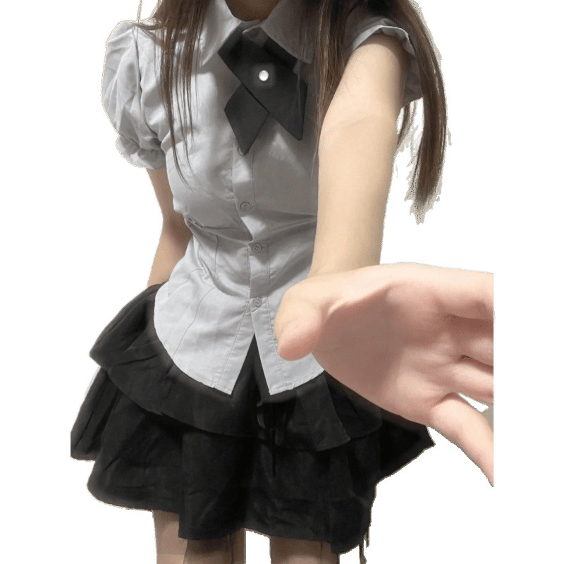 Summer New Japanese Jk Uniform Set for Women, Waist-Cinching Slimming Puff Sleeve Shirt Top with High-Waisted Puffy Cake Skirt