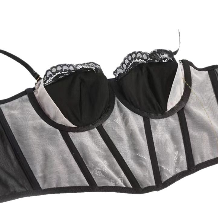 French Style Sexy Underwear Women's Long Fishbone Body Shaping Bra Glow Lace Trim Soft Steel Ring Gather-up Vest Bra