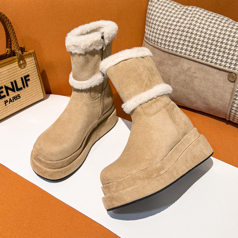 Furry Snow Boots for Women 2025 Winter High Heels New Thick Sole Fleece-Lined Maillard Warm Short Boots Side Zipper