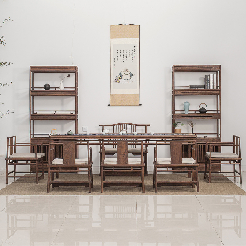 New Chinese Style Tea Table and Chair Combination Old Elm Solid Wood Tea Table Black Walnut Tea Table Office Zen Tea Room Furniture