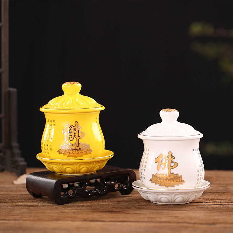 Ceramic Cup Guanyin Lotus Tribute Cup Pre-Buddha God of Wealth Holy Water Cup Guanyin Buddha Worship Cup Home Great Compassion Curse Water Cup