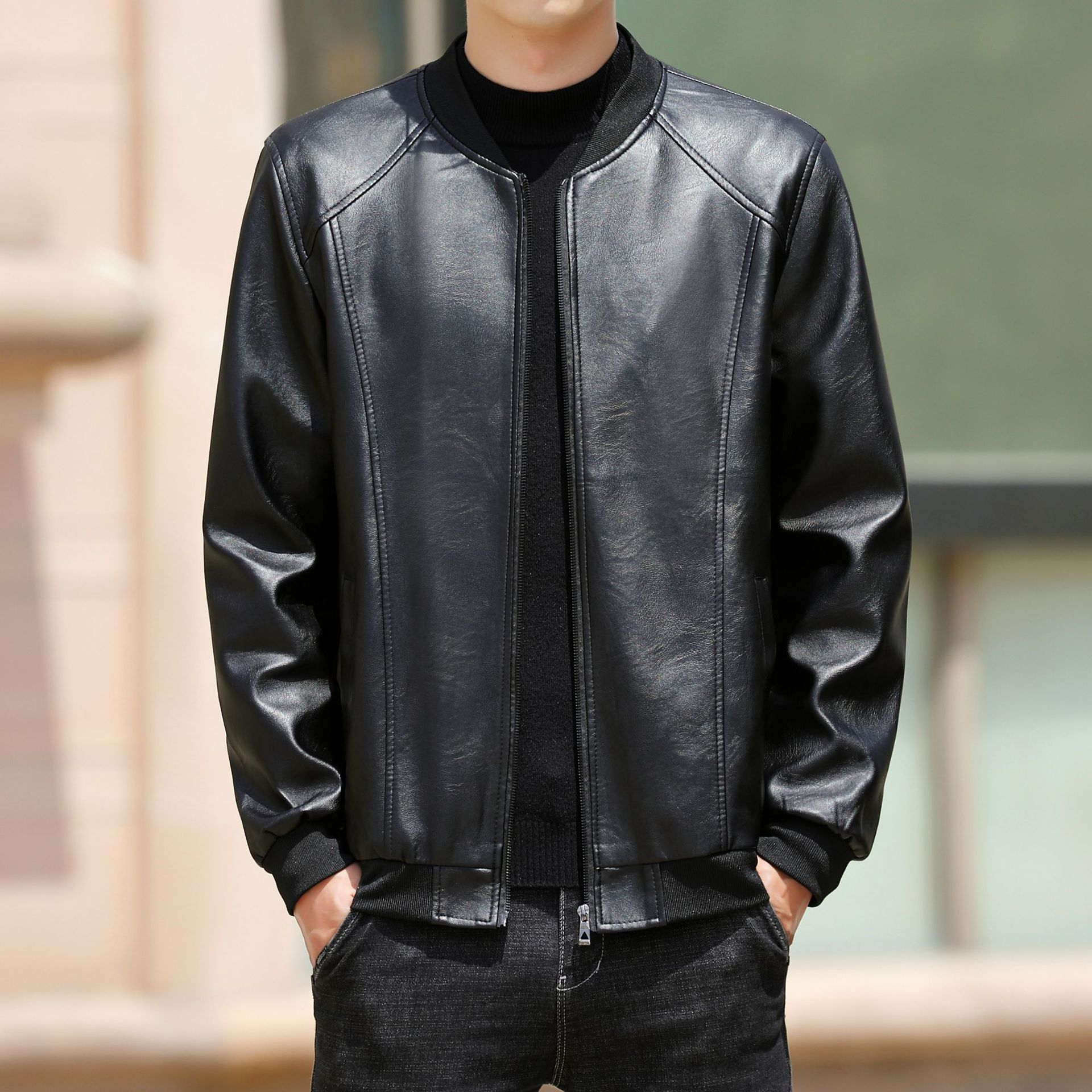 2025 Autumn and Winter Men's Leather Jacket Business Baseball Collar Leather Jacket Motorcycle Jacket Manufacturer Wholesale