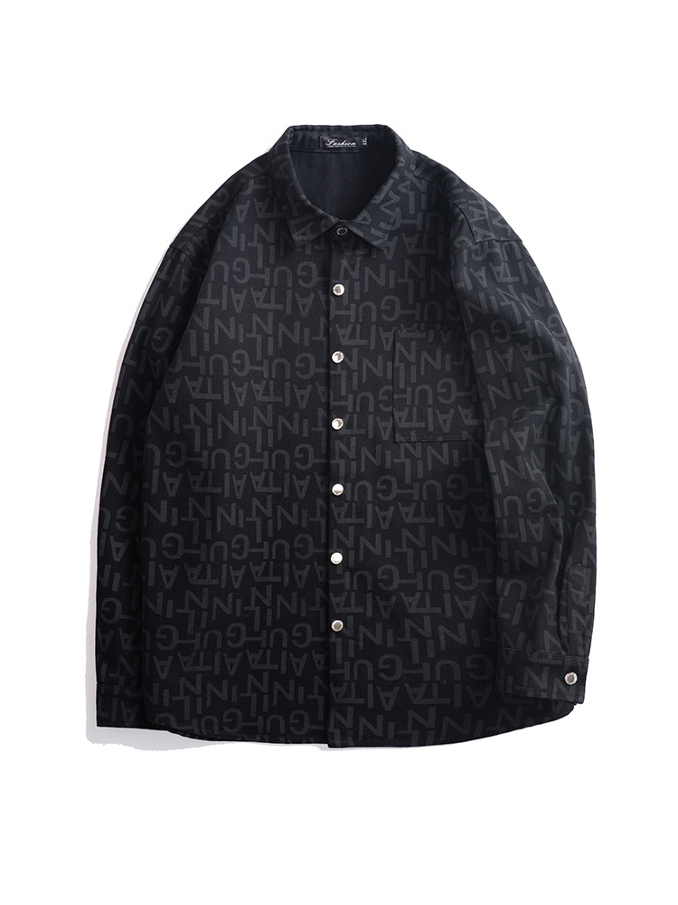 [Denim Shirt Jacket] plus size Men's Street Fashion Snaps Letter Printed Lapel Washable Loose Men's Jacket