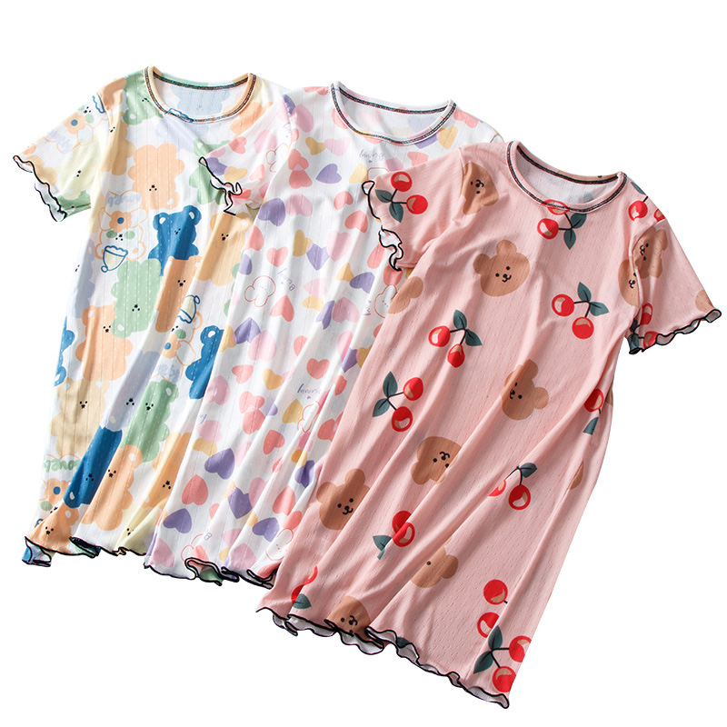 Girls Ice Silk Home Skirt Baby Cartoon Print Mother and Daughter Family Nightgown Kidsren Summer Small Lace Thin Air Conditioner