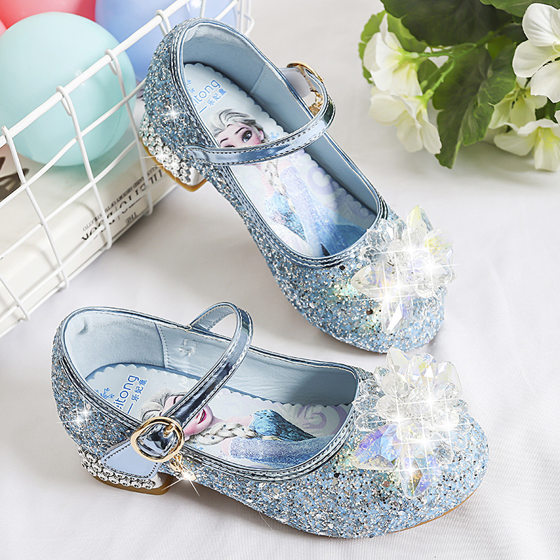 Girls' Princess Leather Shoes, Spring and Autumn New Style, Children's Crystal Shoes, Fashionable Elsa High-Heeled Shoes, Little Girls' Single Shoes