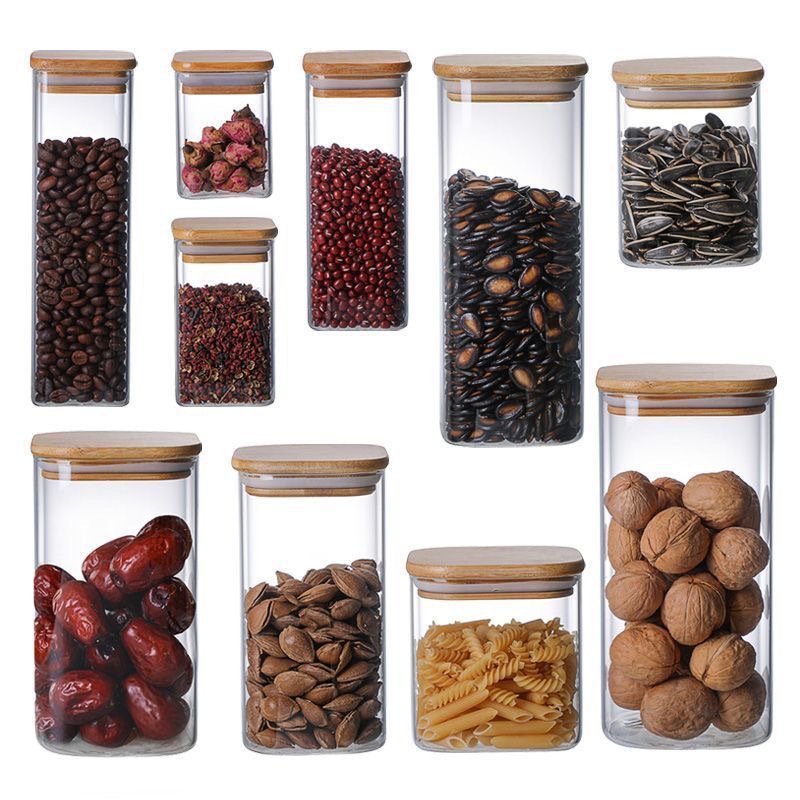 Square High Borosilicate Glass Sealed Jar Storage Bottle Coarse Grain Storage Seasoning Bamboo Lid Moisture-proof Glass Jar Flower Tea Jar