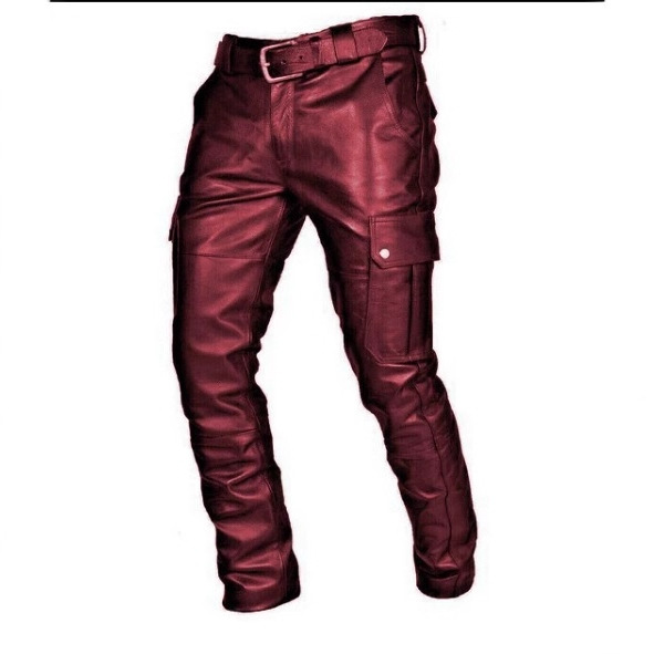 European and American 2025 Men's New Trendy Fashion Loose Versatile Solid Color Pu Strap Casual Long Leather Pants with Pockets