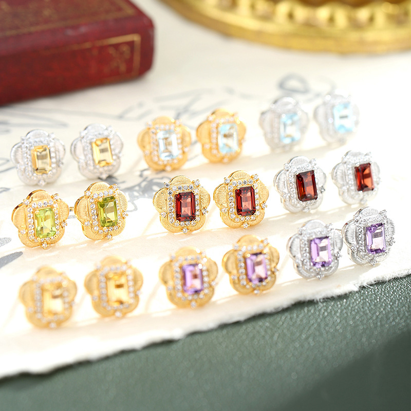 European and American Retro Italian Brushed Natural Crystal Stone Earrings S925 Sterling Silver Earrings for Women Xiaohongshu Hot Style