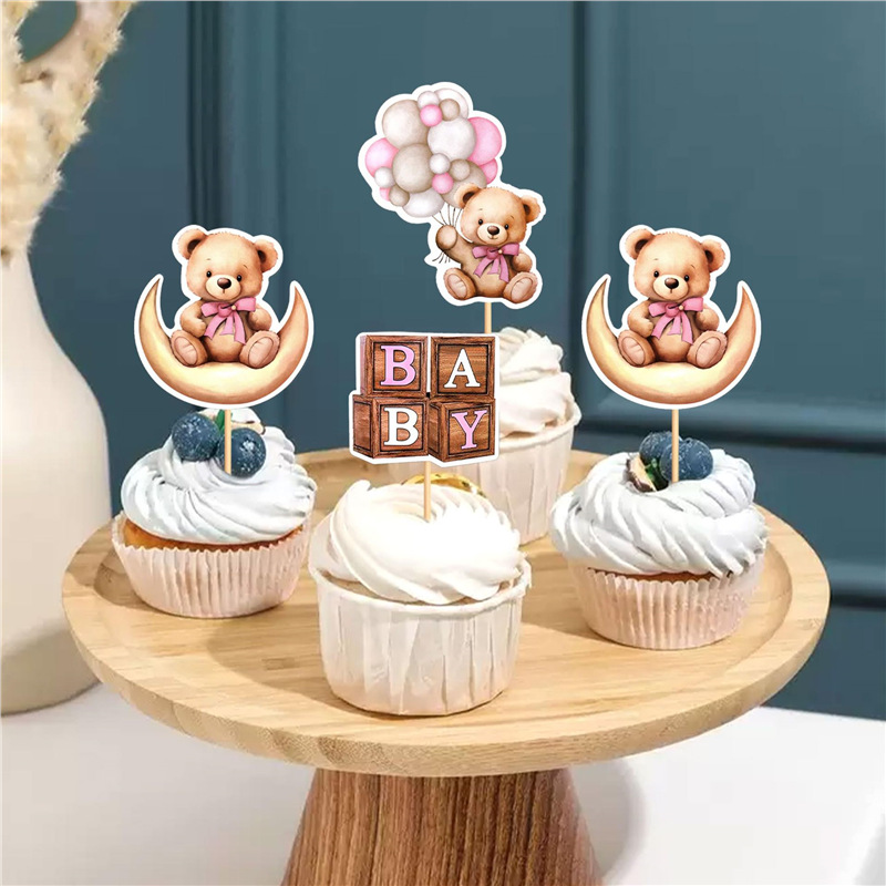 Children's blue moon bear layout card theme baby birthday party decoration selection dessert cute plug-in