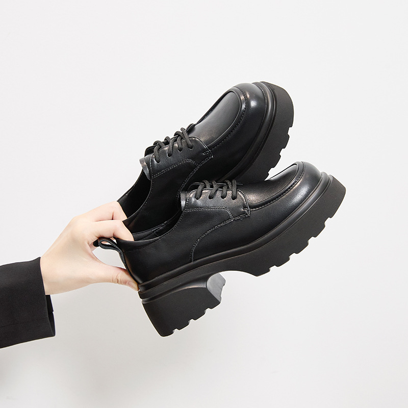 Thick-soled leather shoes women's British style 2025 spring new lace-up round toe single-layer shoes thick-soled soft-soled loafers