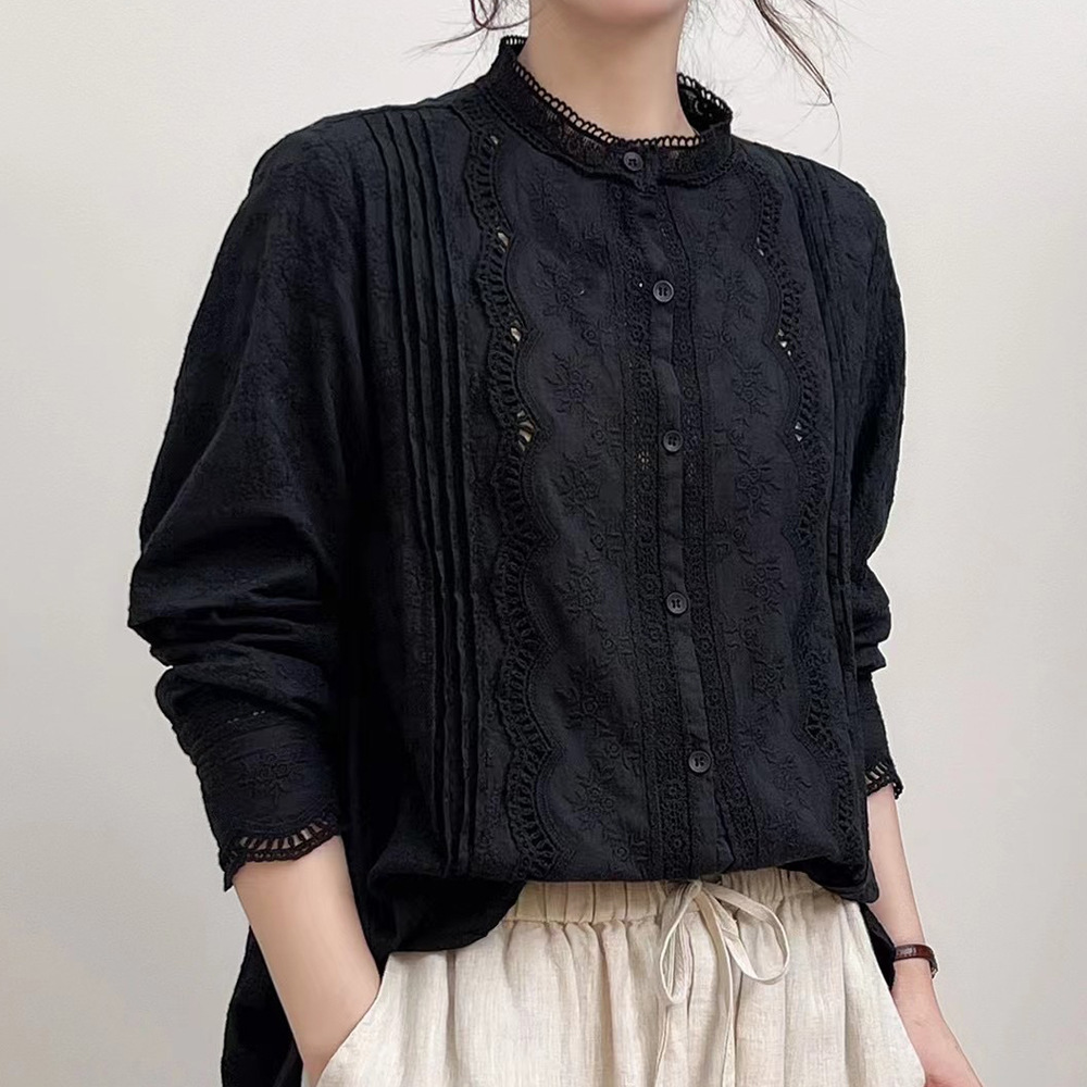 2024 New Lace Stand Collar Embroidered Literary Retro Shirt Women's Autumn New Hollow Loose Long Sleeve Top