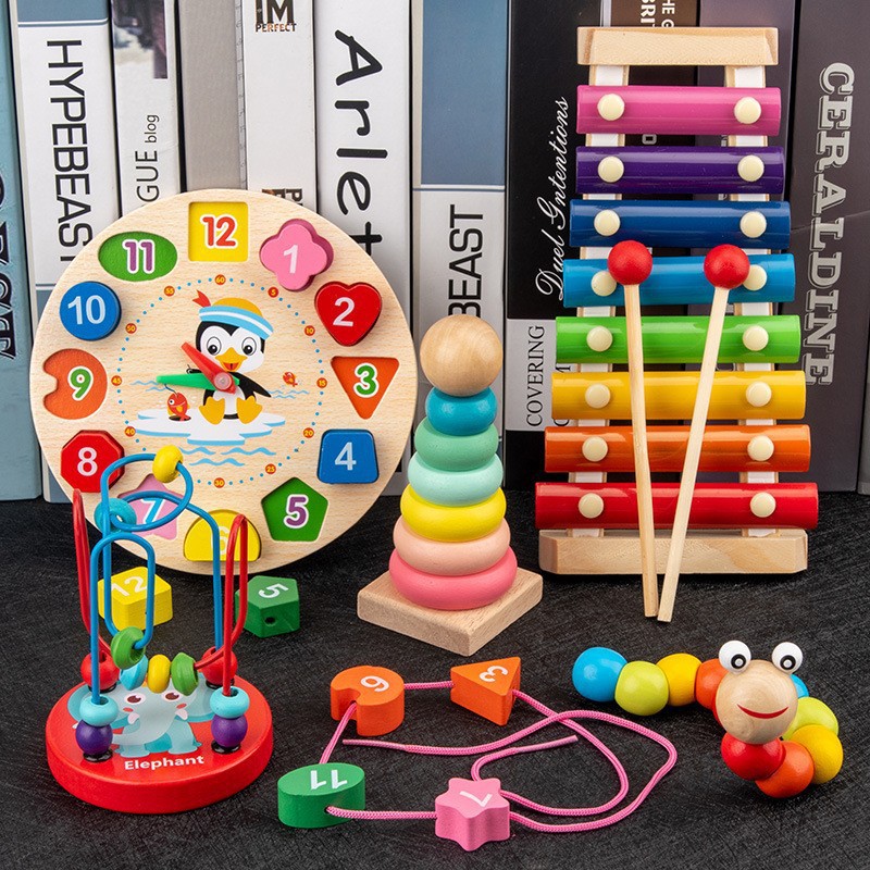 Children's Benefit Intelligence Toys Artificial Wooden Twisted Caterpillar Clock Piano Beads Rainbow Tower Gift suit Scattered