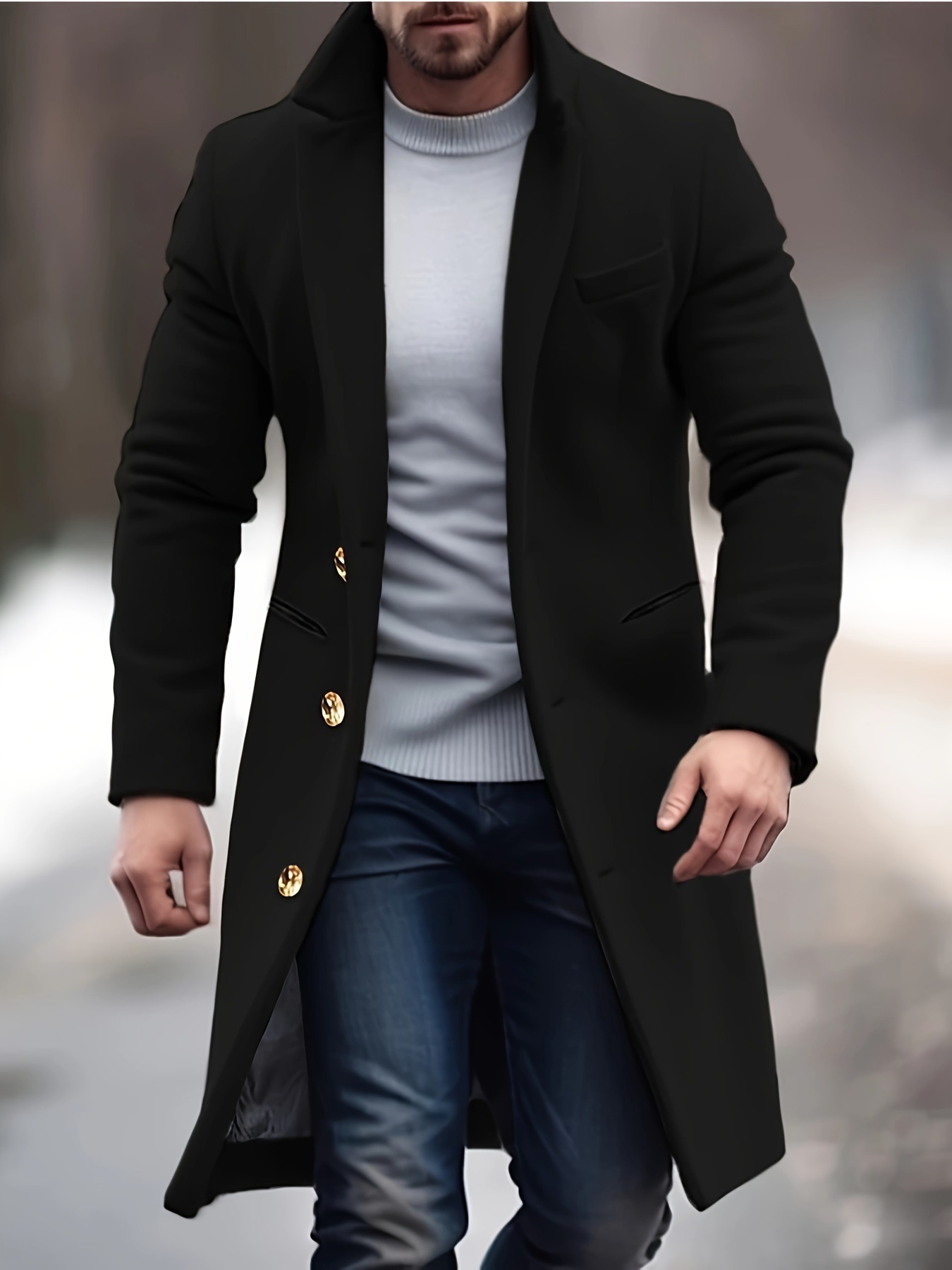 2024 European and American Cross-Border Men's Mid-Length Wool Coat, Slim Fit Suit Collar Trench Coat for Winter Commuting