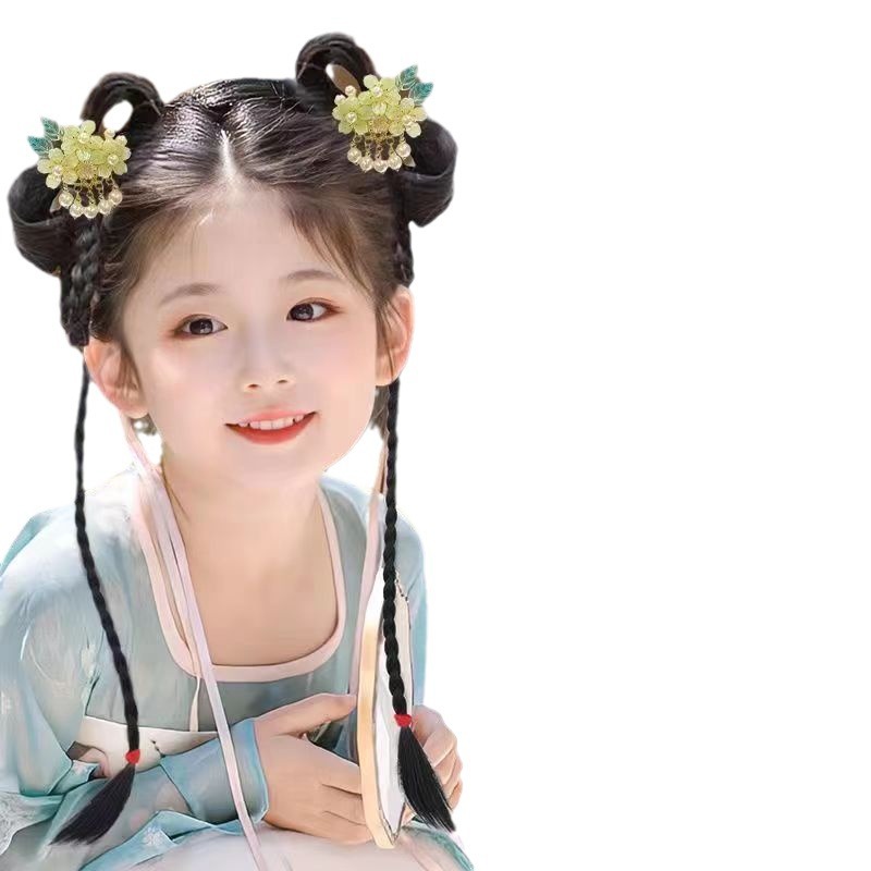 Children's Hanfu Wig Antique Integrated Style Bow Ancient Suit All-match Hair Pack Headwear Stage Performance Hair Disc