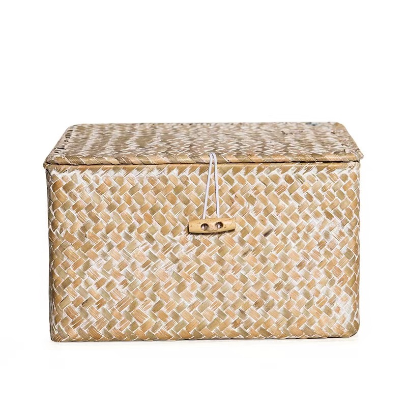 Hand-Woven Seagrass Woven Cosmetic Gift Storage Box with Black Buckle and Flat Lid Straw Woven Storage Basket Accompanying Gift Box