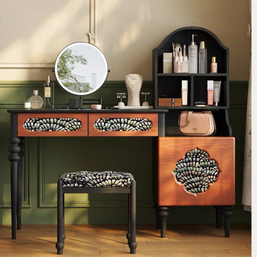 French Retro Bedroom Double Bed Dressing Table Telescopic Integrated Cabinet Combination Antique High Back Bed Set of Furniture