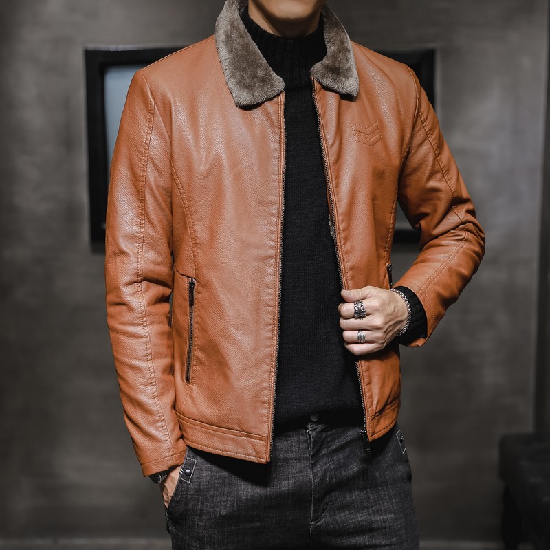 2019 New Men's Leather Jacket Men's Leather Jacket Lapel Middle-aged Men's fleece-lined Thickened Fashionable Fur