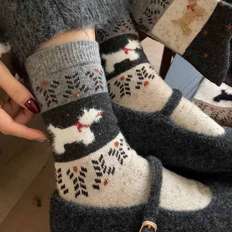 Шерстяные носки Fairland для женщин, утолщенные, с флисовой подкладкой, теплые носки с милым щенком для зимы