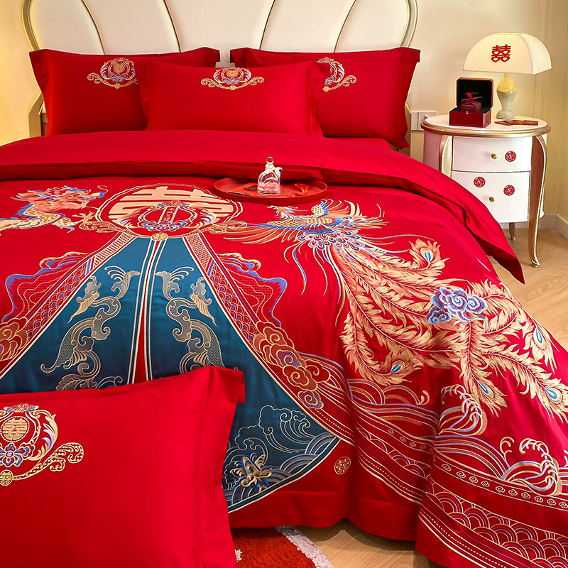 New Chinese-style Sanding Wedding Room Embroidery Dragon and Phoenix Four-piece Set Red Wedding Accompanying Wedding Wedding Wedding Cry Bedding