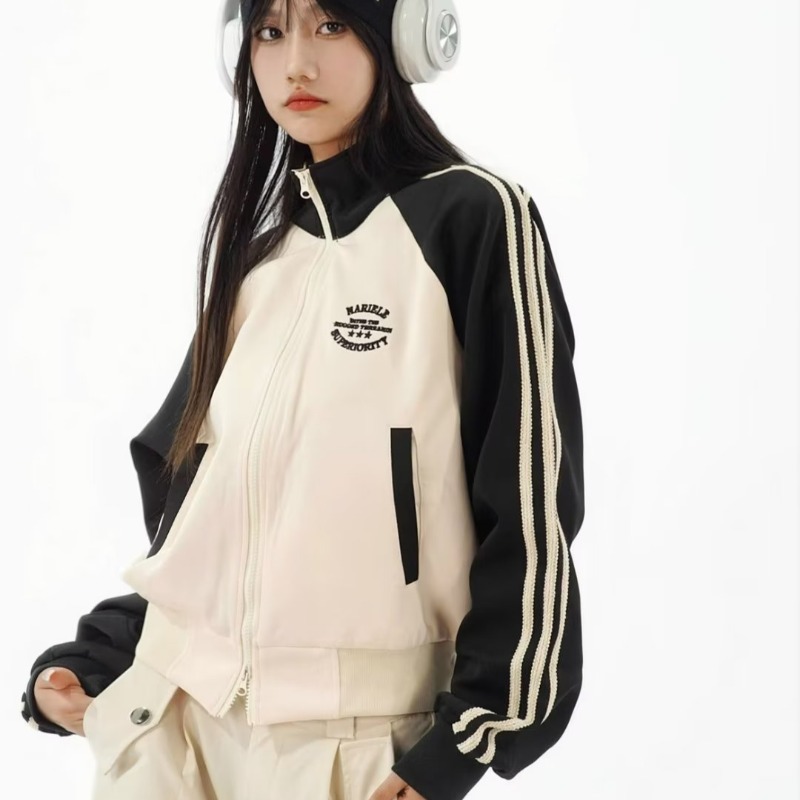 Американский ретро преппи стиль короткий кардиган на молнии для девушек с полосатым цветовым сочетанием и стоячим воротником, повседневная куртка с длинными рукавами