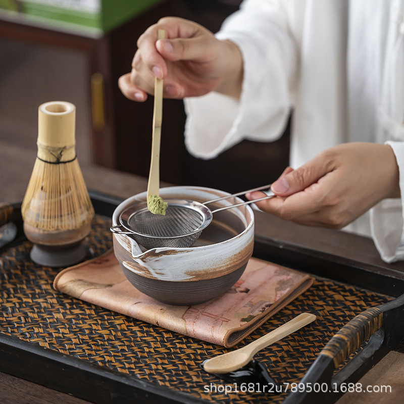 Stoneware Matcha Bowl with Spout, Ceramic Tea Set Accessories, Tea Whisk Stand Set, Japanese Tea Ceremony, Song Dynasty Tea Art Creativity