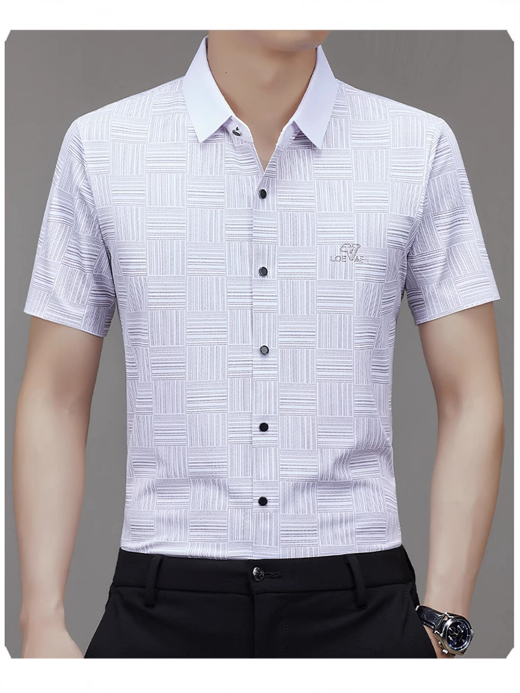 Summer New Men's Short-Sleeved Shirt Business Seamless Printed Plaid Shirt Casual Top Anti-Wrinkle No Ironing Drop Shipping