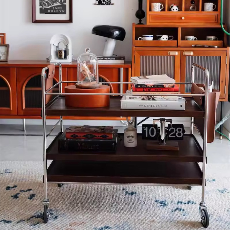 Solid Wood Sofa Side Table Removable Wheeled Cart Small Apartment Living Room Coffee Table Side Table Side Cabinet Corner Table Storage Rack