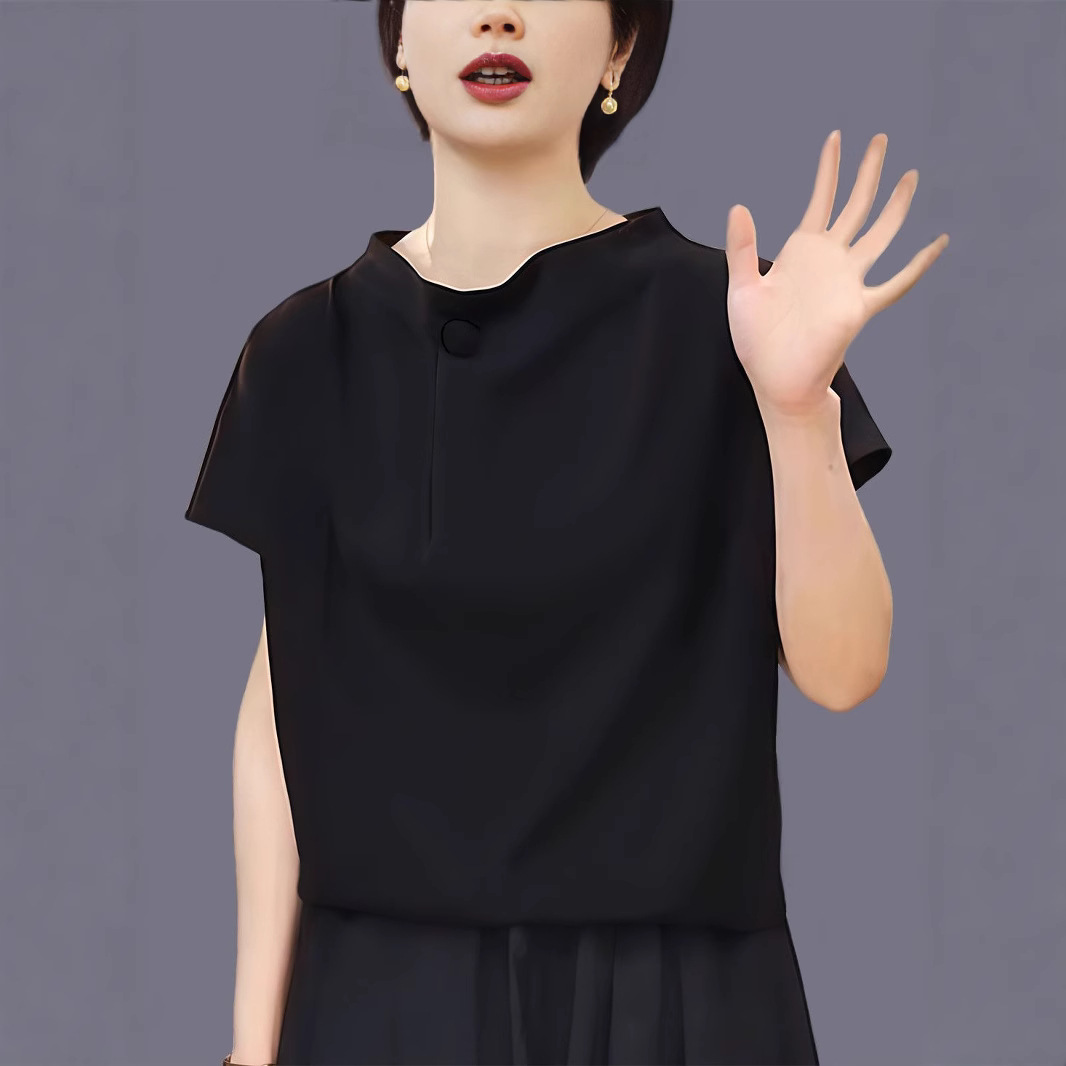 Authentic High-End Summer Solid Color Sweatshirt, Large Size Loose Pullover Top, Middle-Aged Women's Age-Reducing Design Bottoming Shirt