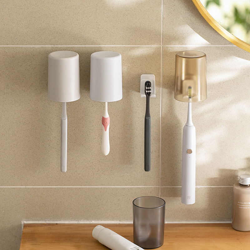Toothbrush Holder Electric Toothbrush Storage Rack Punch-Free Wall-Mounted Storage Cup Drain Hanging Dust-Proof Household Cup Holder with Lid