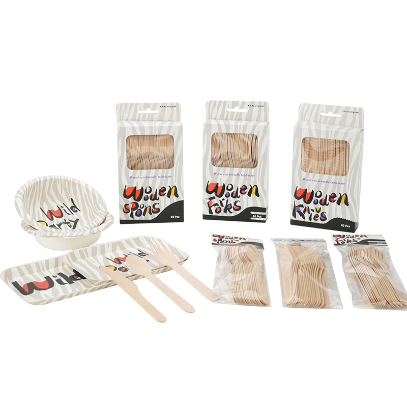 Cross-Border Disposable Paper Plate Tableware Set Wooden Knife, Fork and Spoon Set Paper Plate Paper Bowl Zebra Pattern Tableware Complete Set