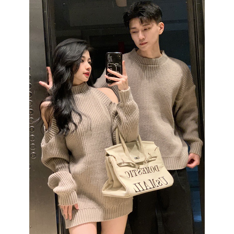 Одежда для пар, осень и зима, новый женский свитер с открытыми плечами, мужской свитер с круглым вырезом