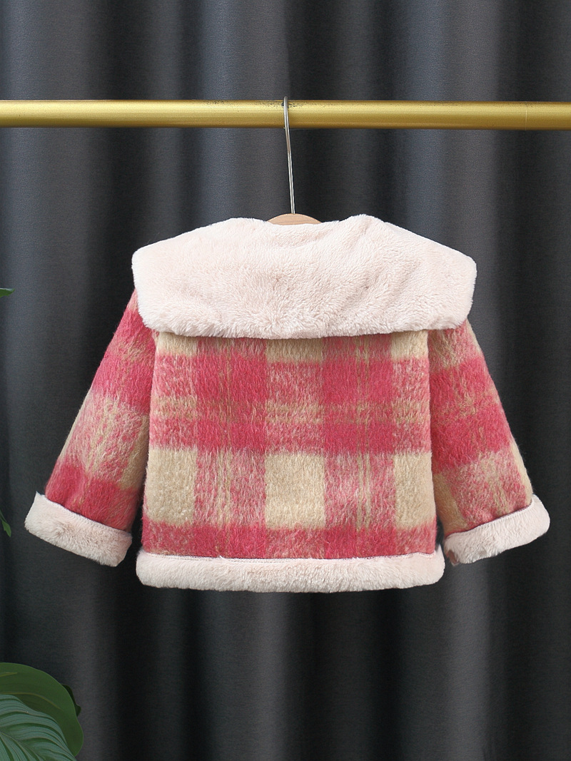 Girls' Outwears, Autumn and Winter Woolen Outwears, New Styles, Kidsren's Winter Woolen Outwears, Baby Fleece-Lined Pink Plaid, Export Trend