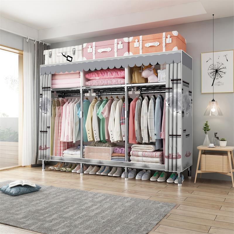 Simple Fabric Wardrobe Combination with Thickened Steel Pipes, Wardrobe Storage, Children's Wardrobe, Double Simple Wardrobe, Wardrobe Cabinet