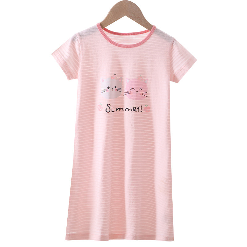 Girls' Nightgown Slub Cotton Short Sleeve Summer Thin Breathable Baby Girl Pajamas Parent-Child Home Clothes Air-conditioning Clothes New