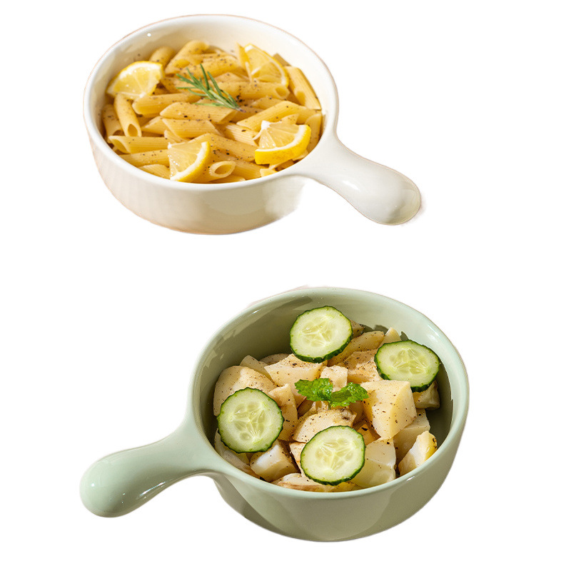 Ins Style Cream Color Tableware Baking Bowl Ceramic Handle Soup Bowl Instant Noodle Snail Powder Household Salad Bowl